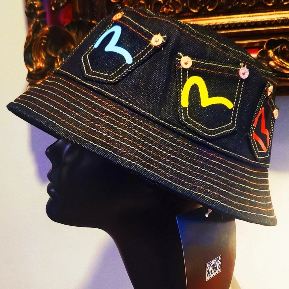 Evisu Multi-color Seagull Print Multi-Pockets Denim Bucket Hat NWT w Bag - Picture 8 of 9